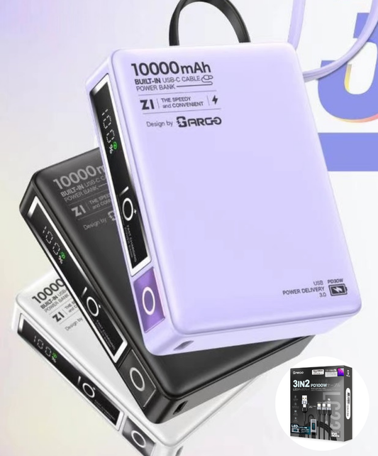 ARGO Z1 10000mAh 自帶線快充充電器 + 雙Type-C頭充電線優惠組合 (品牌直送)