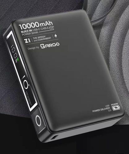 ARGO Z1 10000mAh 自帶線快充充電器 + 雙Type-C頭充電線優惠組合 (品牌直送)