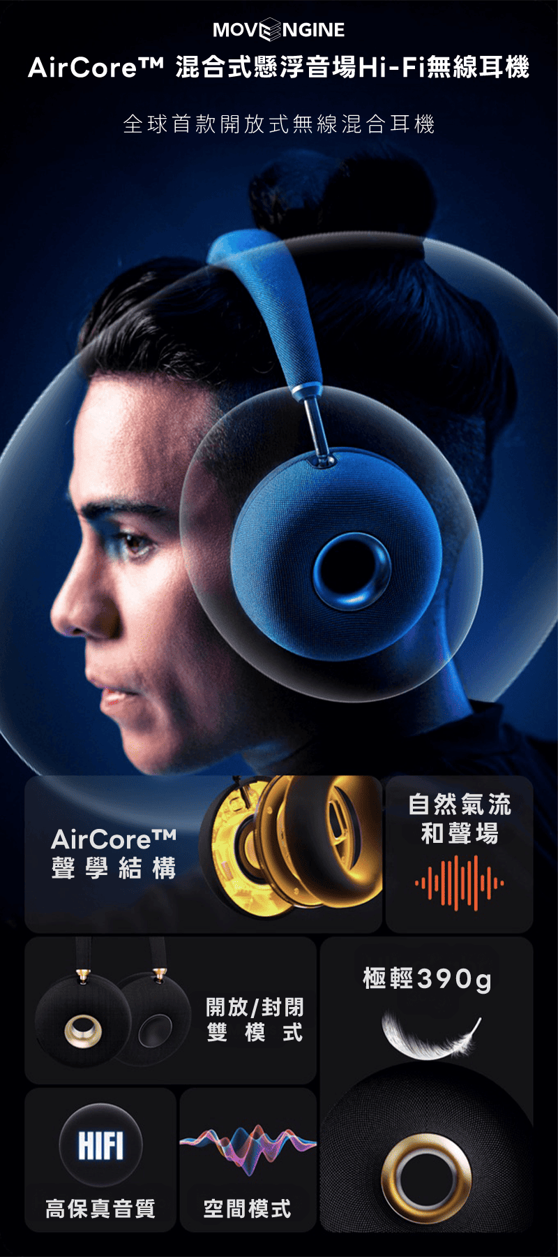 Movengine AirCore™ 混合式懸浮音場Hi-Fi無線耳機