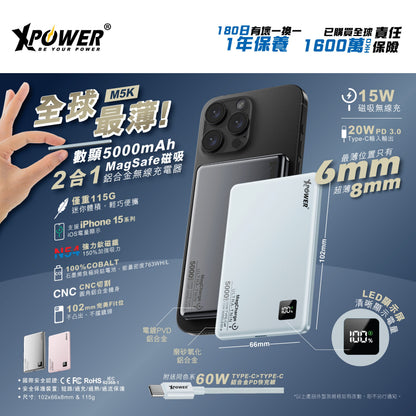 XPower M5K 2合1鋁合金數顯 5000mAh PD3.0+磁吸無線外置充電器