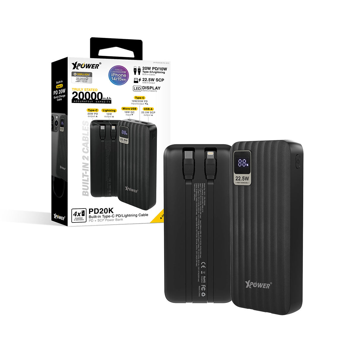 XPower PD20K 4輸出雙內置線Type-C PD & Lightning 20000mAh PD+SCP充電器 (品牌直送)