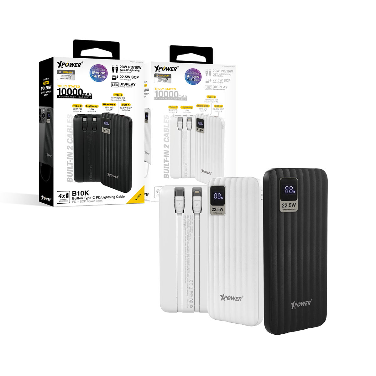 XPower B10K 4輸出雙內置線Type-C PD & Lightning 10000mAh PD+SCP充電器 (品牌直送)
