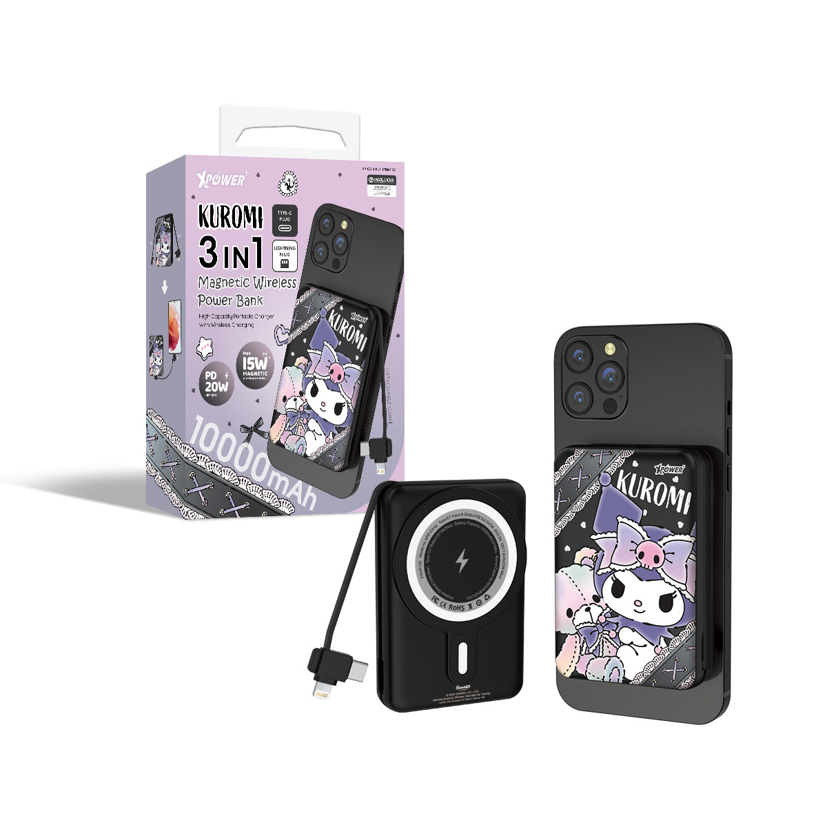 XPower x Sanrio Kuromi M10C 3合1磁吸無線快充+PD 3.0外置充電器 (品牌直送)