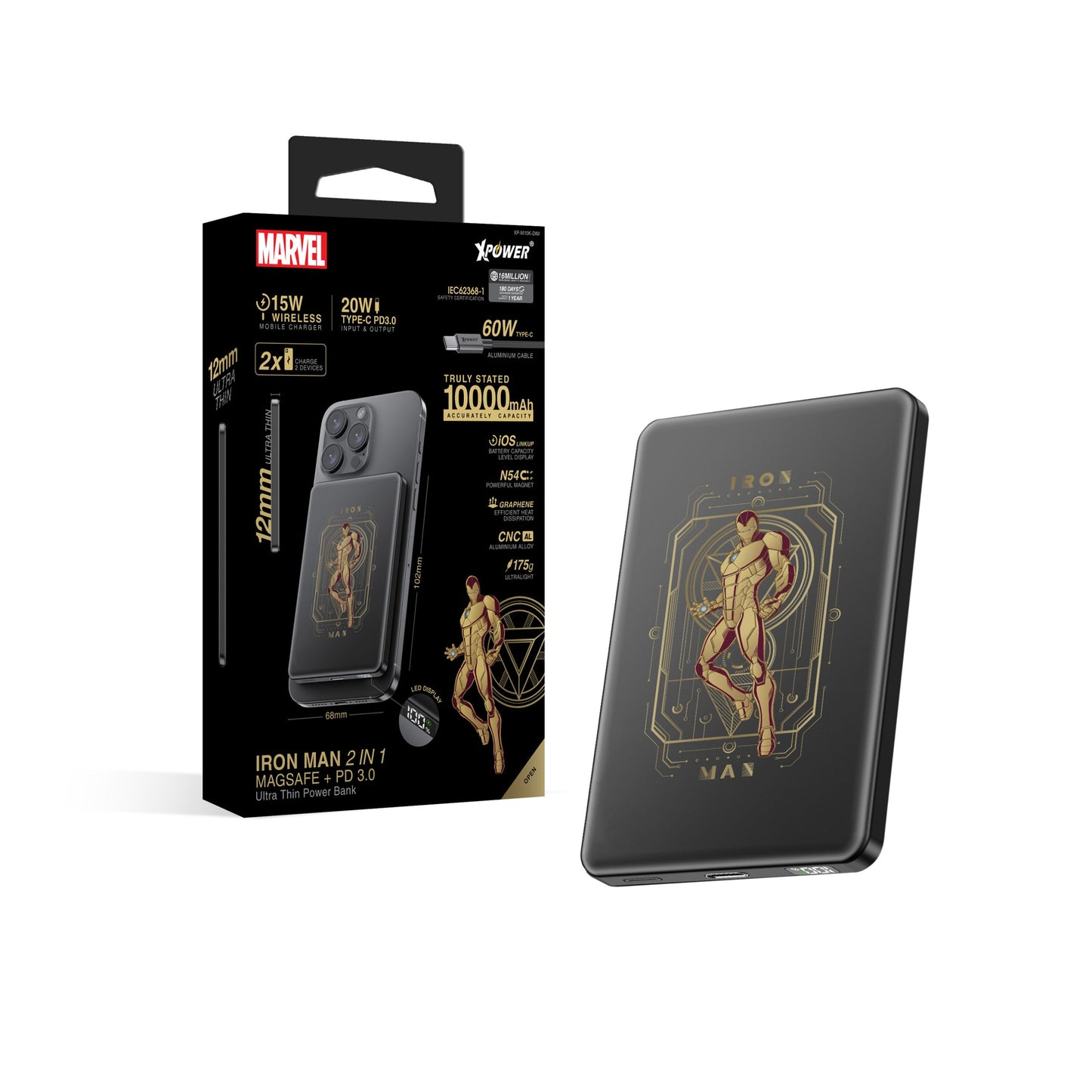 XPower x Marvel 鋼鐵俠系列 M10K 2合1鋁合金數顯10000mAh PD3.0+磁吸無線外置充電器 (品牌直送)