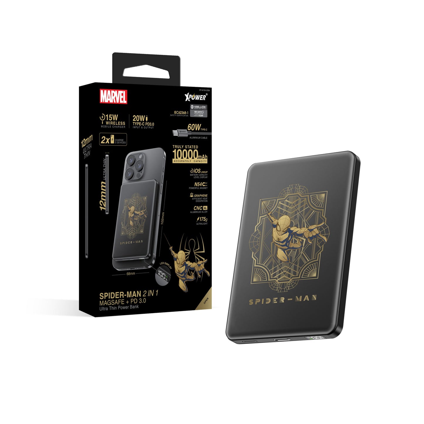 XPower x Marvel 蜘蛛俠系列 M10K 2合1鋁合金數顯10000mAh PD3.0+磁吸無線外置充電器(品牌直送)